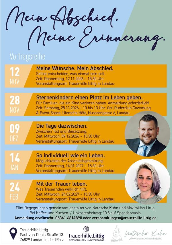 Flyer der Vortragsreihe „Mein Abschied. Meine Erinnerung.“ mit allen fünf Terminen